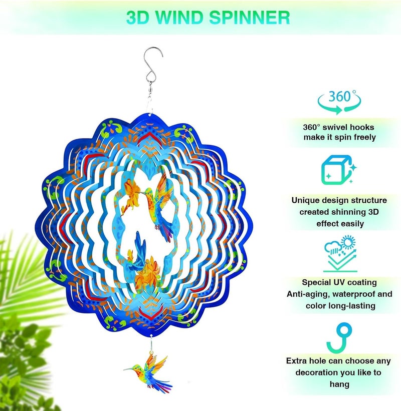 Katinyos Wind Spinners,12 inch Hummingbird with 360° Swivel Hook for Yard and Garden, Bird Wind Catcher, Metal Wind Spinners Outdoor for Lawn Hanging Crafts Decor Kinetic Yard Art Ornament Gifts - Image 2